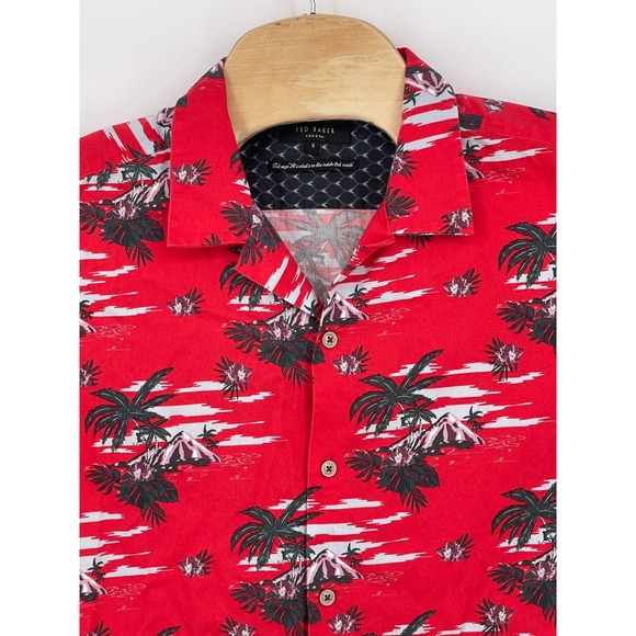 Ted Baker London Mens Red Palm Tree Print Short Sleeve Button Up Shirt Size 5 XL - Picture 7 of 11